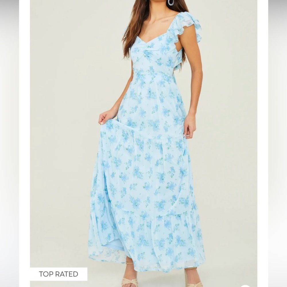 Size small Altar’d State floor length baby blue floral dress with back cutout
